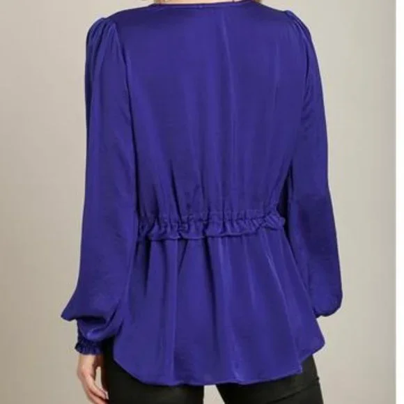 NWT Satin V-Neck Ruffle Baby Doll Top, Cuffed Sleeves, "Sapphire" Color, Elegant - Picture 2 of 5